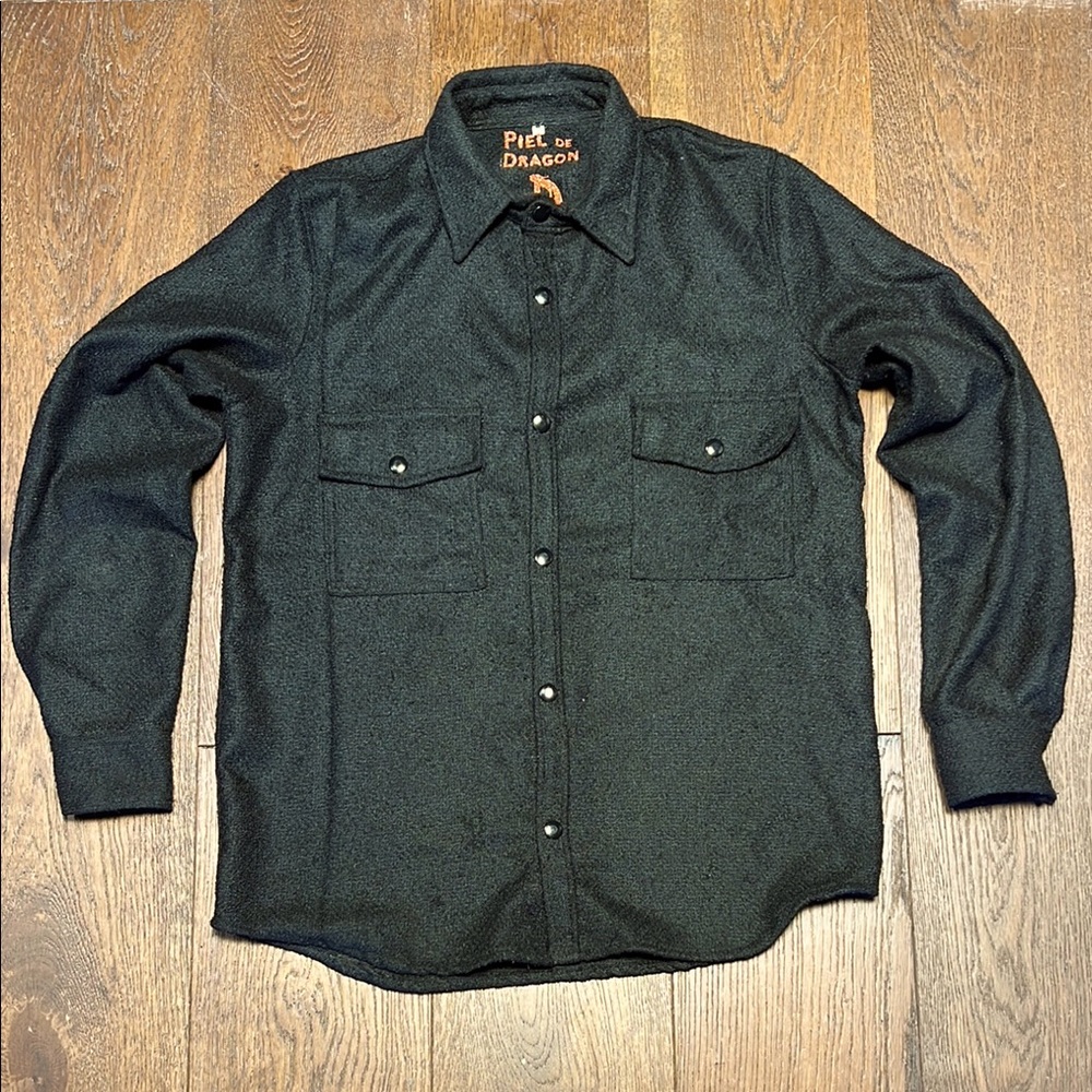Black Wool Blend Snap Button Shirt